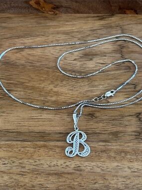 14K Solid White Gold Filigree Initial “B”Necklace - 22 Inch 14K White Gold Chain